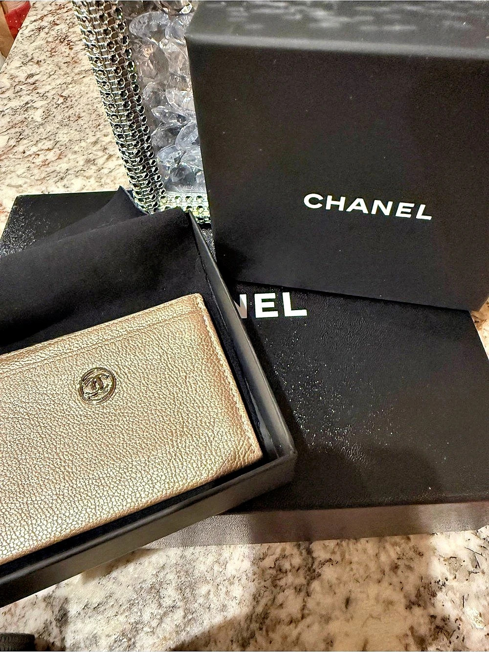 Chanel Metallic Caviar Quilted Flap Card Holder Wallet Gold